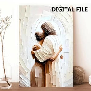 May include: A digital file print of an abstract painting depicting two figures embracing. The artwork features a textured, impasto style with a palette of beige, brown, and white. The words "DIGITAL FILE" are printed in black at the top.