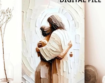 Healing Embrace Jesus Hugging Girl Digital Print – Funny Bathroom Wall Art, Digital Download