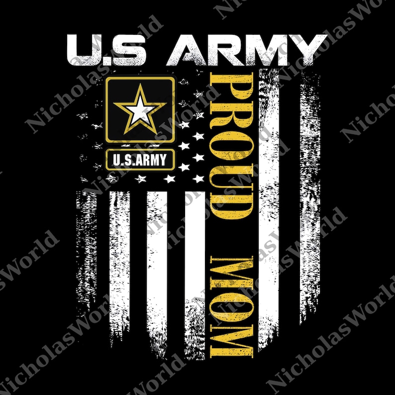 a graphic design with a black background, a white and yellow striped pattern, and a U.S. Army logo. The text "U.S. ARMY" is prominently displayed, along with the phrase "PROUD MOM" written vertically. The design appears to be a collage of multiple images, and the text is described in a concise and clear manner without redundancy or vague wording.