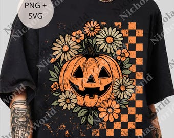 Retro Checkered Pumpkin png, Floral Pumpkin Halloween Digital File, Halloween png, Halloween Spooky Season png, Pumpkin Halloween png