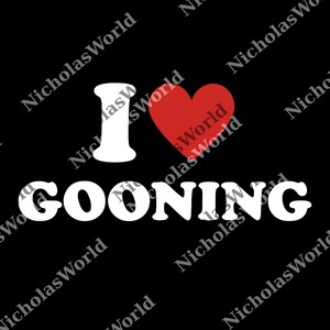 Op de afbeelding: Zwarte achtergrond met de witte woorden "I GOONING", met een rood hart dat het woord "love" vervangt. De tekst is in een vetgedrukte, schreefloze lettertype. De afbeelding heeft een eenvoudig, grafisch ontwerp.