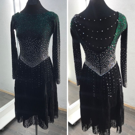 black salsa dress Women with red tassels flowers latin dance dresses long sleeves modern dance stage performance rumba chacha ballroom dance fringe Made of highest quality single jersey Custom Size Black Feather Competition
