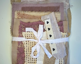 Hand Dyed #5 Extra Large Fabric Pieces Bundle Vintage Linen Mixed Media Ephemera