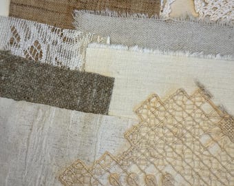 A Little Texture Bundle: 1D linen, vintage linens, straw weaving, textured pieces, laces, boho crochet, stiff and soft neutrals ephemera