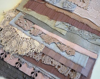 Hand Dyed #23 Fabric Pieces Bundle Vintage Linen Mixed Media Ephemera