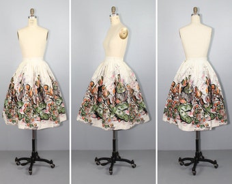 1950s / cotton skirt / novelty print / FRUIT AND WINE vintage skirt