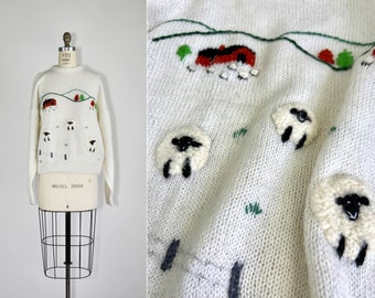 Vintage sheep sweater | 1980s | cottagecore | embroidered pullover | knit sweater