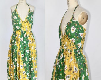 1970s wrap dress | cotton | halter dress | paisley | color block | midi dress