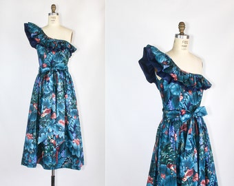 RESERVED | Savannah | vintage dress | one shoulder | ruffle | 1980s | tropical bird | asymmetric dress