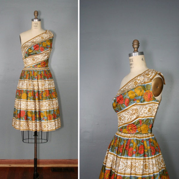 1950s dress / one shoulder dress / floral TILLERY swing dress