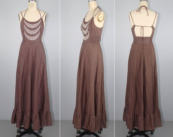 maxi dress | 1970s | sundress | open back | embroidered | polka dot dress