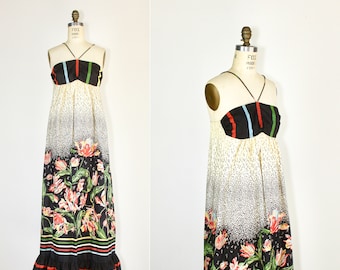 Vintage maxi dress | 1960s | halter dress | bohemian | floral cotton dress | hippie