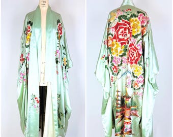 1930s vintage silk satin embroidered Furisode kimono Japanese mint green flapper robe