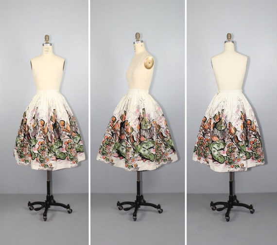 1950s / cotton skirt / novelty print / FRUIT AND … - image 1