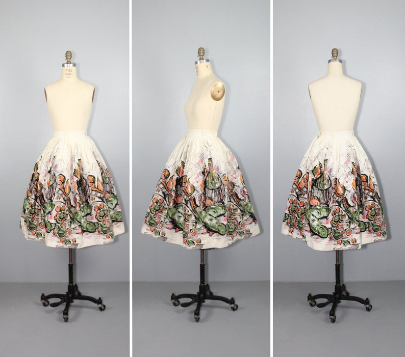 1950s / cotton skirt / novelty print / FRUIT AND WINE vintage skirt image 1