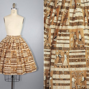 1950s skirt novelty print conversation print cotton vintage skirt folk skirt image 1