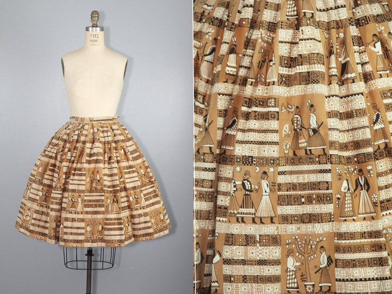 1950s skirt novelty print conversation print cotton vintage skirt folk skirt image 1