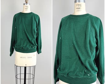 Sudadera vintage de los años 80, color verde bosque desgastado, ultrasuave.