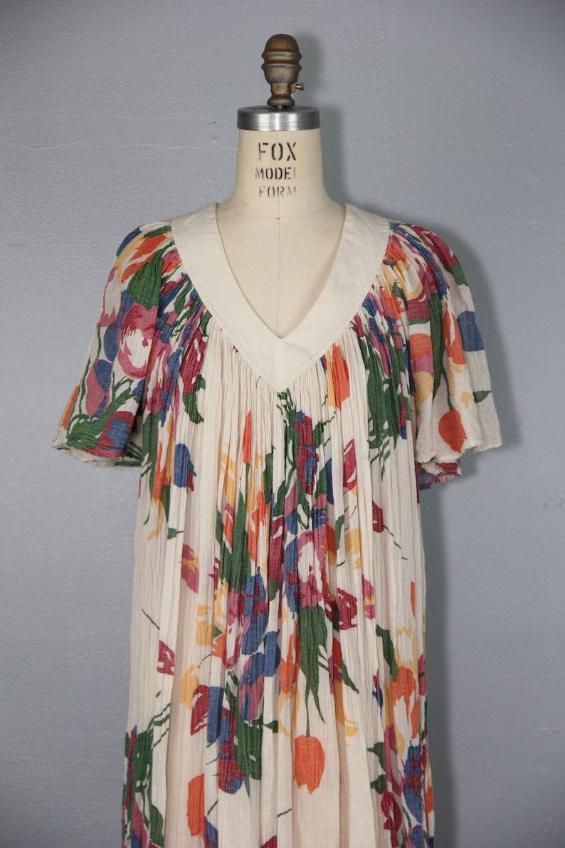 gauze dress 1970s india cotton TULIP FIELDS bohemian vintage dress