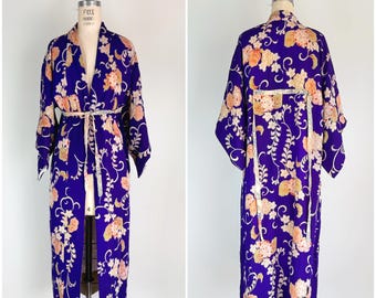 Vintage 1950 seda juban Paulownia floral kimono japonés
