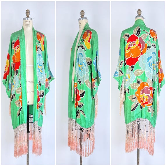 1920s Art Deco floral fringed silk kimono Flapper bohemian robe