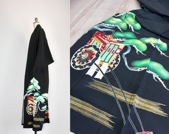 Silk Kimono | Carriage and Bonsai | 1950s kimono | vintage silk robe | antique tomesode | Japanese
