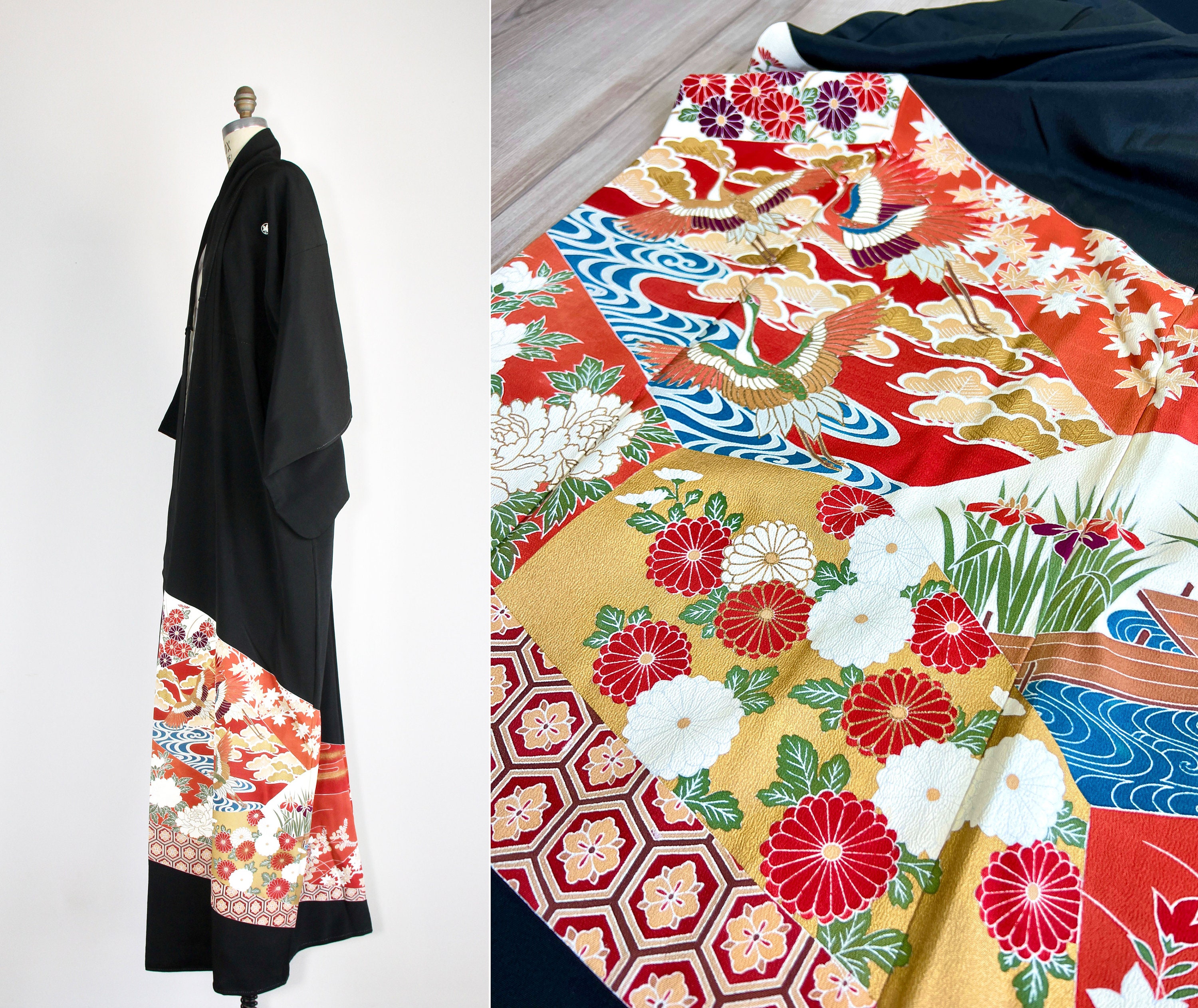 1950s silk kimono | crane and river | tomesode | Japanese | vintage robe