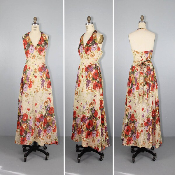 1970s maxi dress / floral / halter dress / ART WALK vintage dress