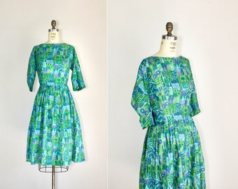 1960s dress | vintage | rayon dress | turquoise | geometric print