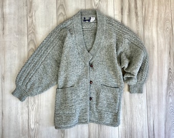 Vintage wool sweater | 1970s | hand knit cardigan | heather gray | braided sweater