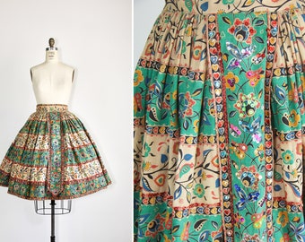 1940s folk skirt | vintage handmade skirt | sequin | floral | cotton skirt