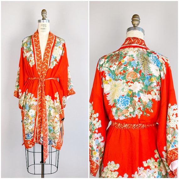 Art Nouveau silk kimono robe Vintage floral dressing gown 1950s