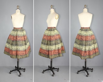 vintage skirt / 1950s / novelty print / TRIBAL SCROLL cotton skirt