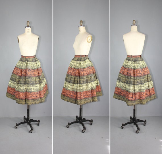 vintage skirt / 1950s / novelty print / TRIBAL SCR