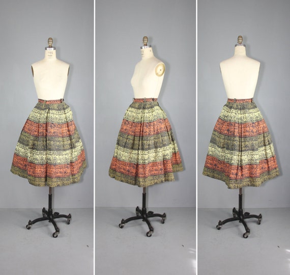 vintage skirt / 1950s / novelty print / TRIBAL SC… - image 1