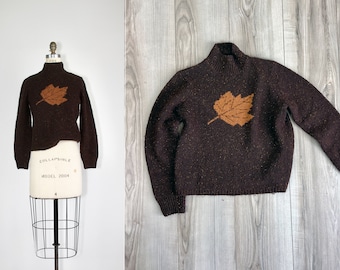 Weston | vintage wool sweater | 1980s | turtleneck | leaf motif