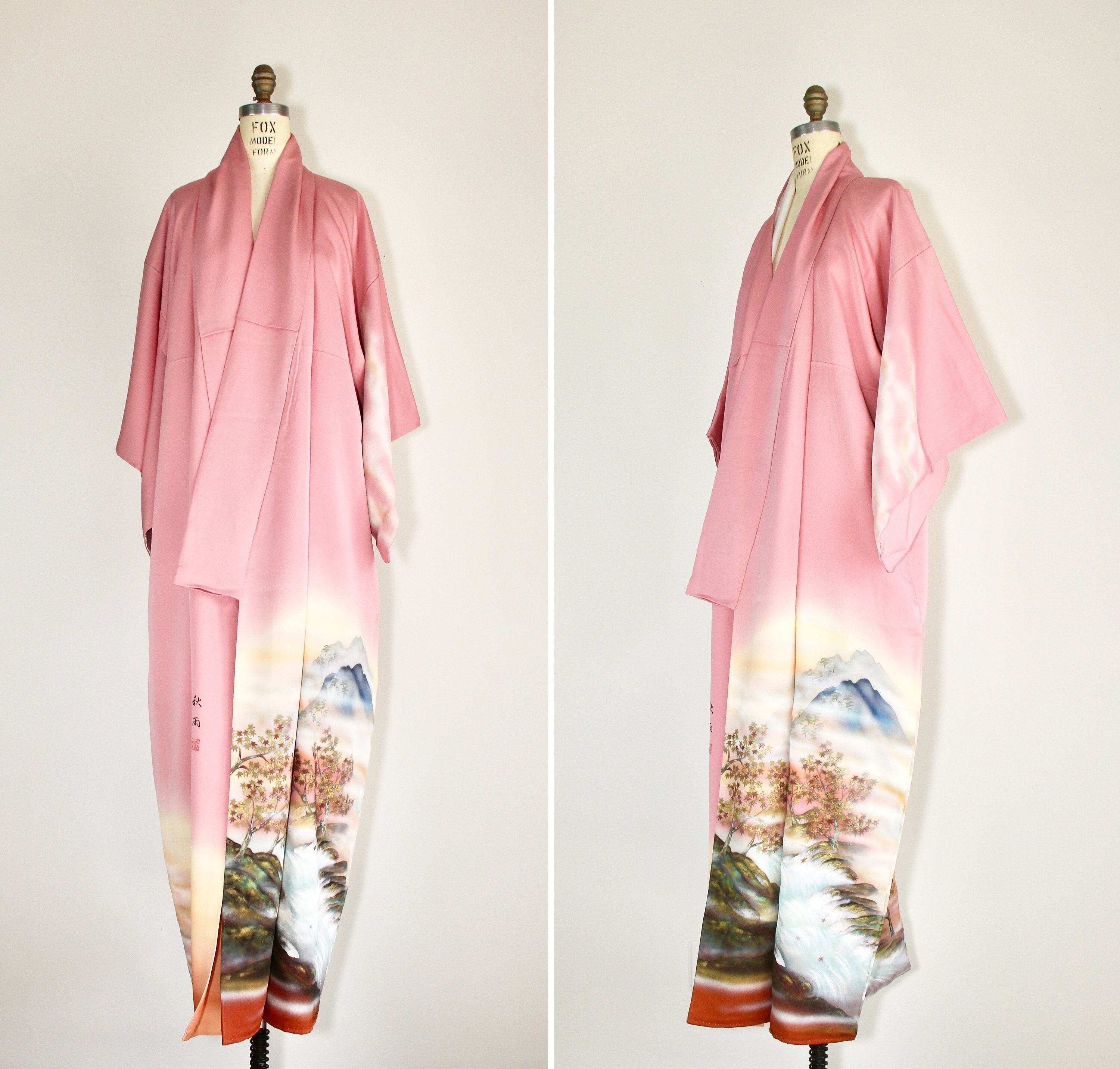 Mount Fuji | 1950s silk kimono | hand painted | scenic | vintage robe | Japanese mountain and tree