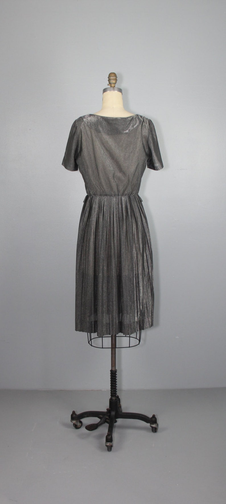1970s dress shimmer metallic grey FLINT pleated silver dress