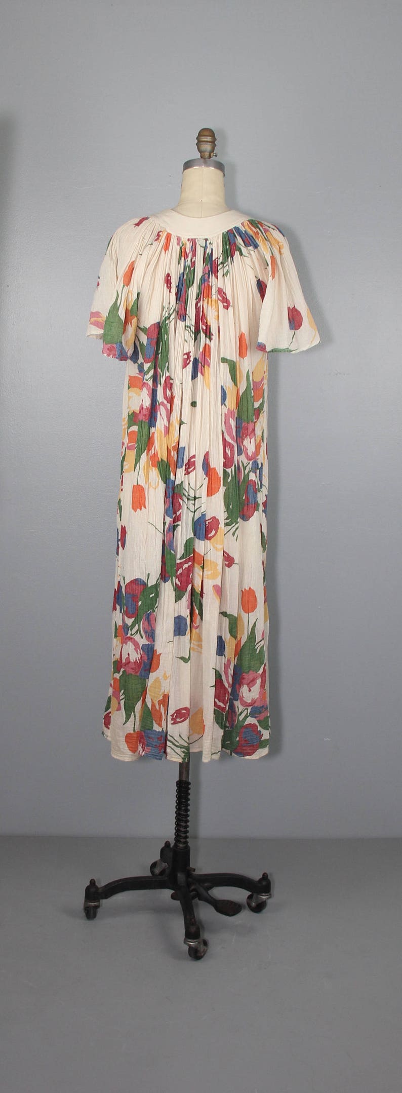 gauze dress 1970s india cotton TULIP FIELDS bohemian vintage dress