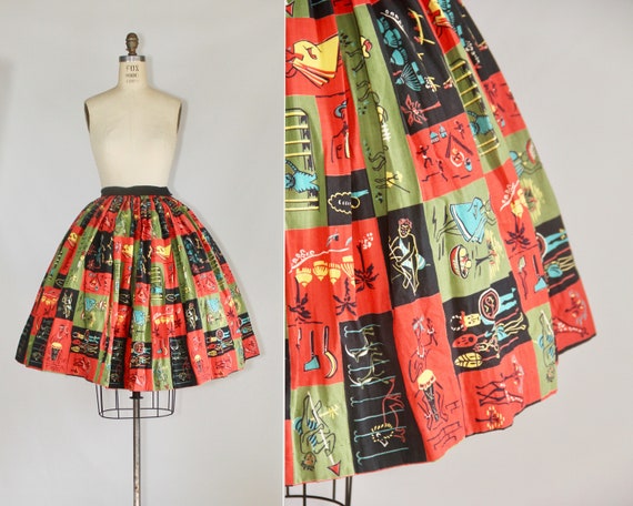 1950s Novelty Skirt | tribal | cotton | novelty pr