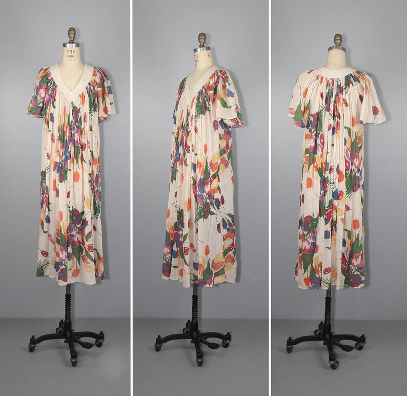 gauze dress 1970s india cotton TULIP FIELDS bohemian vintage dress