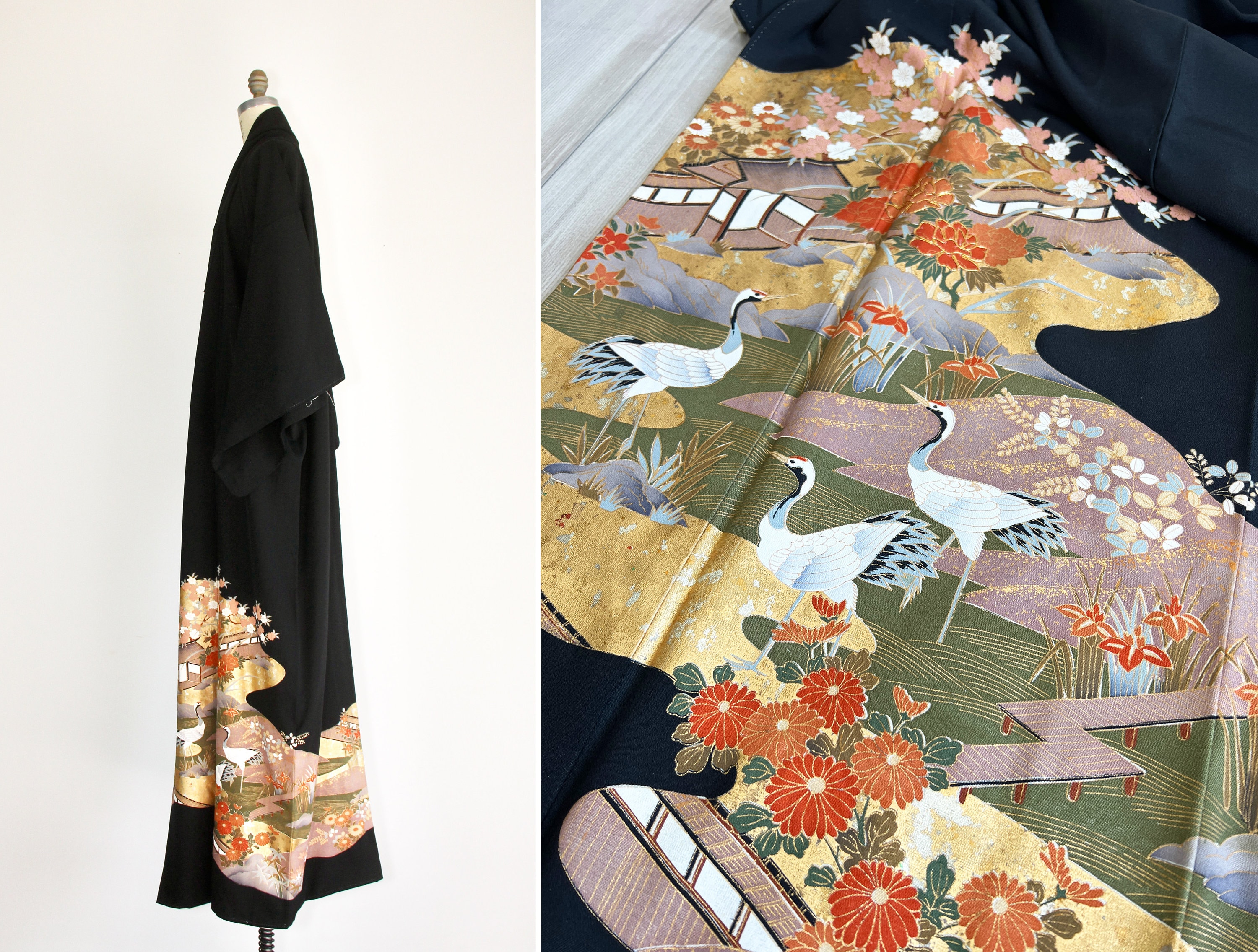 Silk embroidered kimono | 1950s | vintage robe | dressing gown | crane | tomesode