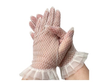 Vintage Sheer White Tüll Handschuhe. Braut Handschuhe. Abend-Armstulpen mit Rüschen Manschette. 1950er Jahre.