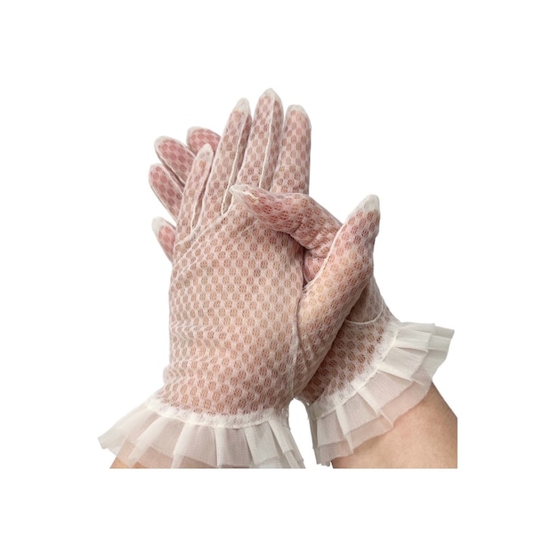 Vintage Sheer Tulle White Gloves. Bridal Gloves. Evening Gloves with Ruffle Cuff. 1950s.