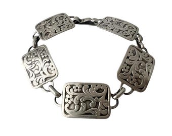Vintage 835 Silver Floral Panel Bracelet, Embossed Relief Design, Art Nouveau Style.