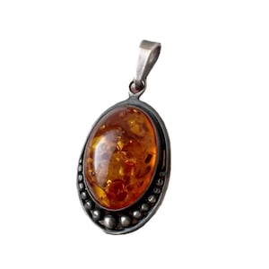 Vintage Sterling Silver Amber Pendant – Oval Baltic Amber Cabochon, Boho Jewelry