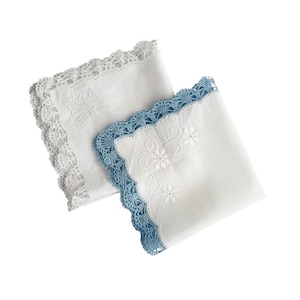 Vintage Set of 2 Swiss Hand-Embroidered Handkerchiefs | Fine Batiste with Crochet Lace Edges |