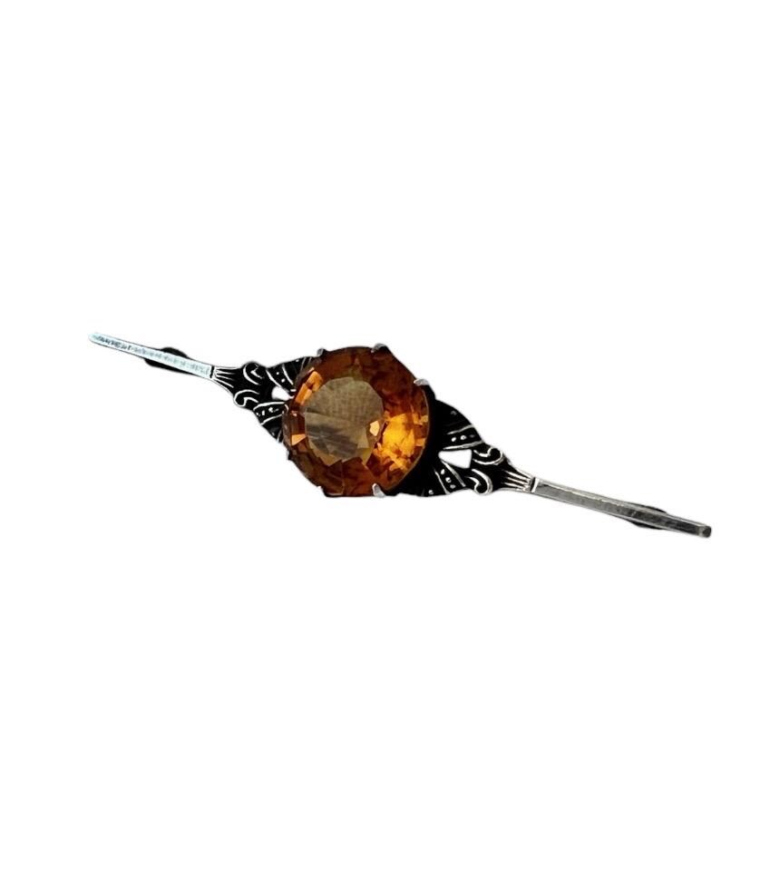 Broche Barrette Art Déco 1930 - Argent Poinçonné, Pierre Orange - Longueur 6 Cm - Occasion Très Bon état