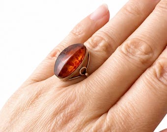 Vintage Baltic Amber Silver Ring – 875 Silver, USSR 1980s. UK size: N