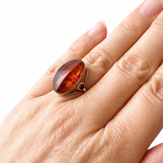 Vintage Baltic Amber Silver Ring – 875 Silver, USSR 1980s. UK size: N